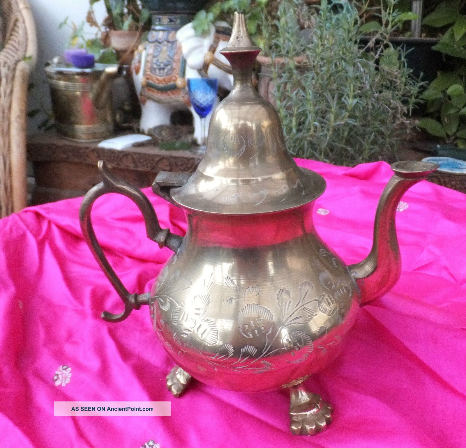 Antique Brass Indian Teapot 3 Lion Feet Tin Lined Flower Engraved Tiffin Time India photo