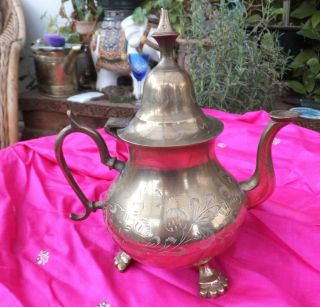 Antique Brass Indian Teapot 3 Lion Feet Tin Lined Flower Engraved Tiffin Time photo