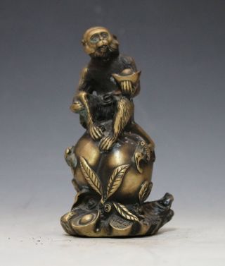 Chinese Brass Hand - Carved Monkey & Peach Statue W Xuande Mark Gd9699 photo