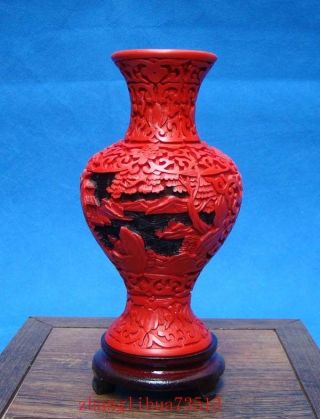 Antique Handmade Carved House & Tree Lacquerware Vase photo