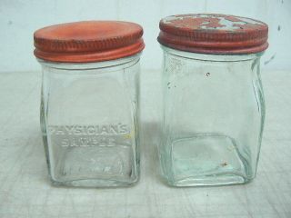 2 Antique Physician ' S Sample Glass Apothecary Jars Bottles,  Pl Marks,  Red Lids photo