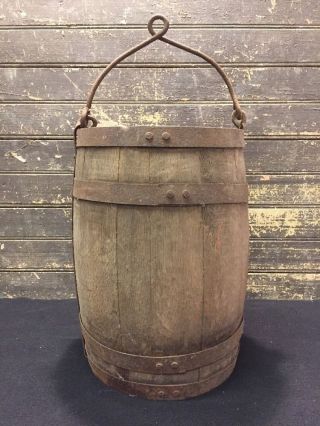 Antique Vtg 1800s Paint Nail Bucket W/ Wrought Iron Handle Keg Barrel photo
