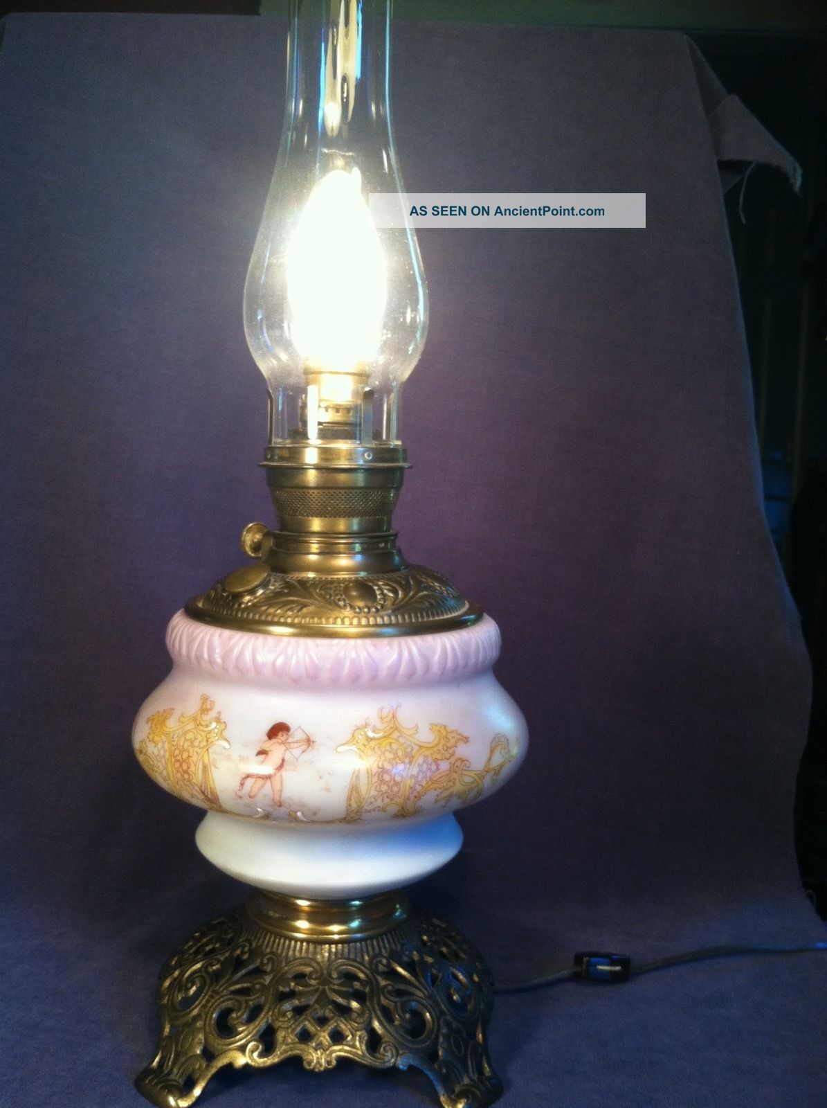 White Glass & Brass Antique Oil Lamp With Painted Angels Converted Lamps photo