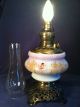White Glass & Brass Antique Oil Lamp With Painted Angels Converted Lamps photo 5