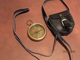 Brass Pocket Compass - Magnetic - Nautical Camping Hiking W/ Leather Like Pouch photo