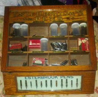Early Esterbrook ' S Pens Oak & Glass Display Case W/ Nibs And Extensive Contents photo