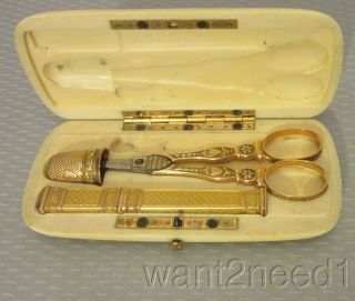 Antique French 18k Gold Etui Sewing Kit Fitted Box Thimble Scissor Needlecase photo