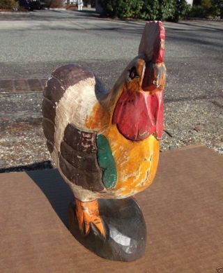 Vintage Wooden Rooster Folk Art Wood Chicken Carved Fajardo Puerto Rico Old photo