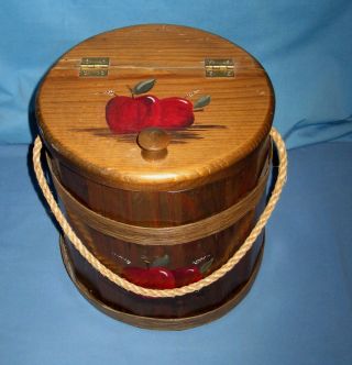 Vtg Primitive Wood Sugar Firkin Bucket W/hinged Lid Painted Apples & Rope Handle photo