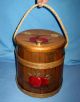 Vtg Primitive Wood Sugar Firkin Bucket W/hinged Lid Painted Apples & Rope Handle Primitives photo 2