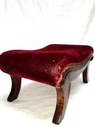 Victorian Edwardian 1880 ' S Antique Footstool Burgundy Red Velvet Wood Legs Nr photo