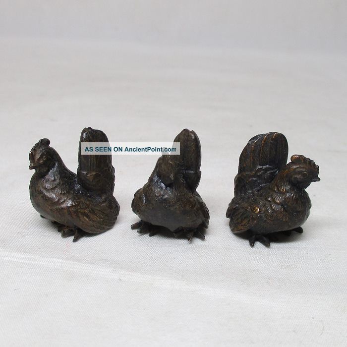 K757: Japanese Copper Small Three Hen Statue As Ornaments For Bonkei Statues photo