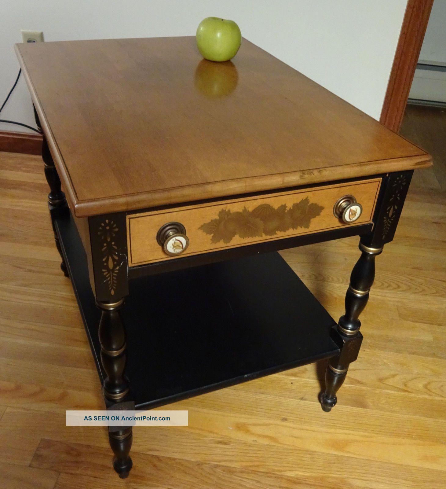 Signed Hitchcock Ebonized End Table W/maple Top Stencils & Eagle Drawer Pulls Post-1950 photo