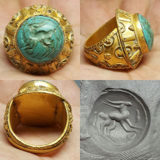 Roman Agate Intaglio Stone 24k Gold Gilded /silver Ring 27.  79 Grams photo