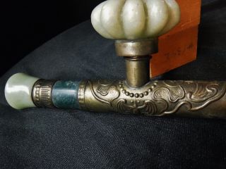 Antique 19th Century Chinese Bat Motif Smoking Pipe Brass Jade & Marble Stone photo