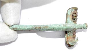 Very Rare Ancient Roman Bronze Bow Type Brooch With Triton Head - Trident - A680 photo