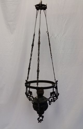 Antique Victorian Cast Iron Hanging Oil Lamp,  Chandelier,  Double Wick,  Glass Font photo