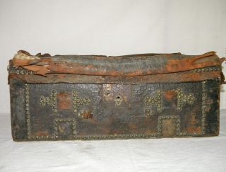 Antique Leather Wood Primitive Boston Ma Stage Coach Trunk Brass Tack photo