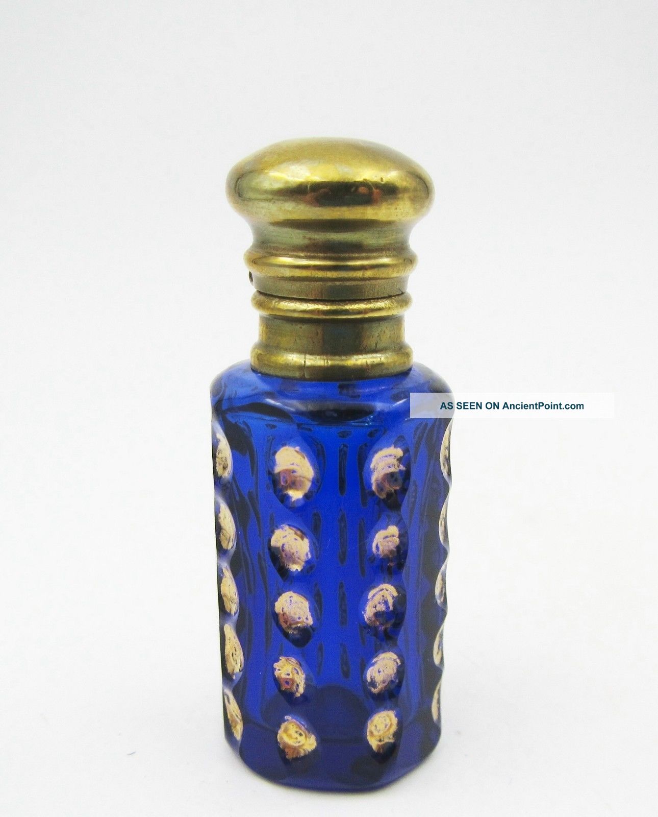 Antique Miniature Cobalt Blue Cut Glass & Brass Perfume Bottle Perfume Bottles photo