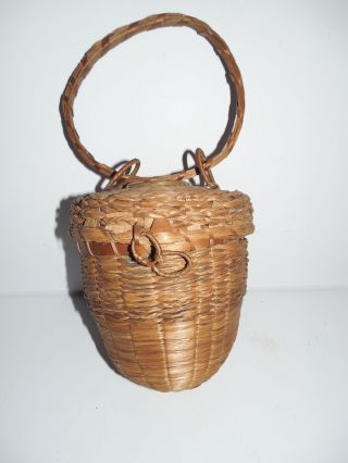Vintage England / Maine Native American Passamaquoddy Acorn Knitting Basket photo