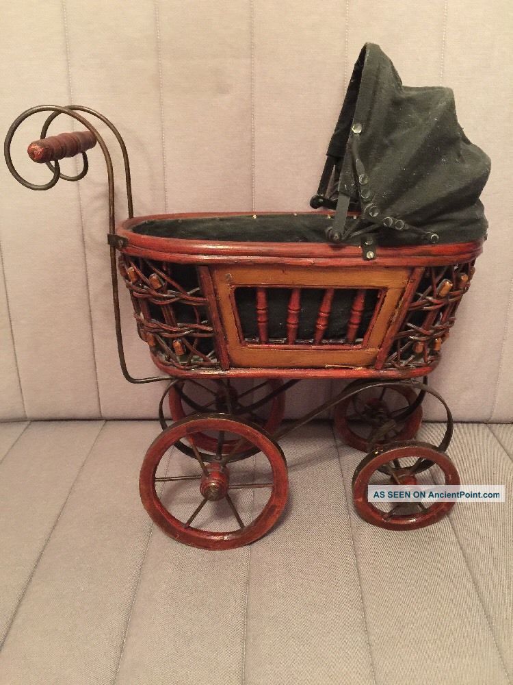 Vintage Baby Doll Pram Carriage Stroller Wicker And Canvas Wood Wheels Baby Carriages & Buggies photo