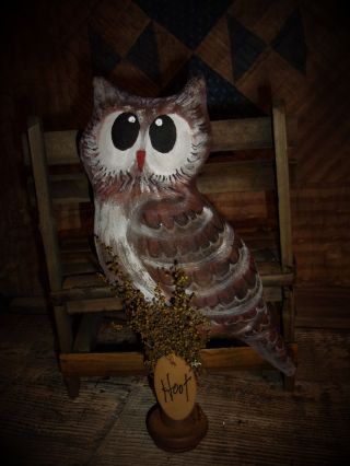 Primitive11x6in Country Owl Bobbin - - Winter Rusty Doll photo