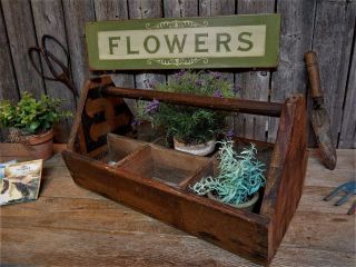 Antique Primitive Wood Carpenters 6 Bin Nail Tool Box Garden Tote Carrier photo