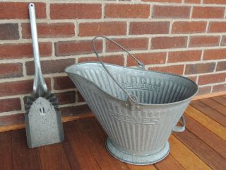 Antique Reeves Coal Ash Metal Scuttle Bucket Primitive 17 & Metal Ash Shovel photo