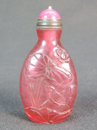 Chinese Flower Bird Carved Pink Peking Glass Snuff Bottle photo