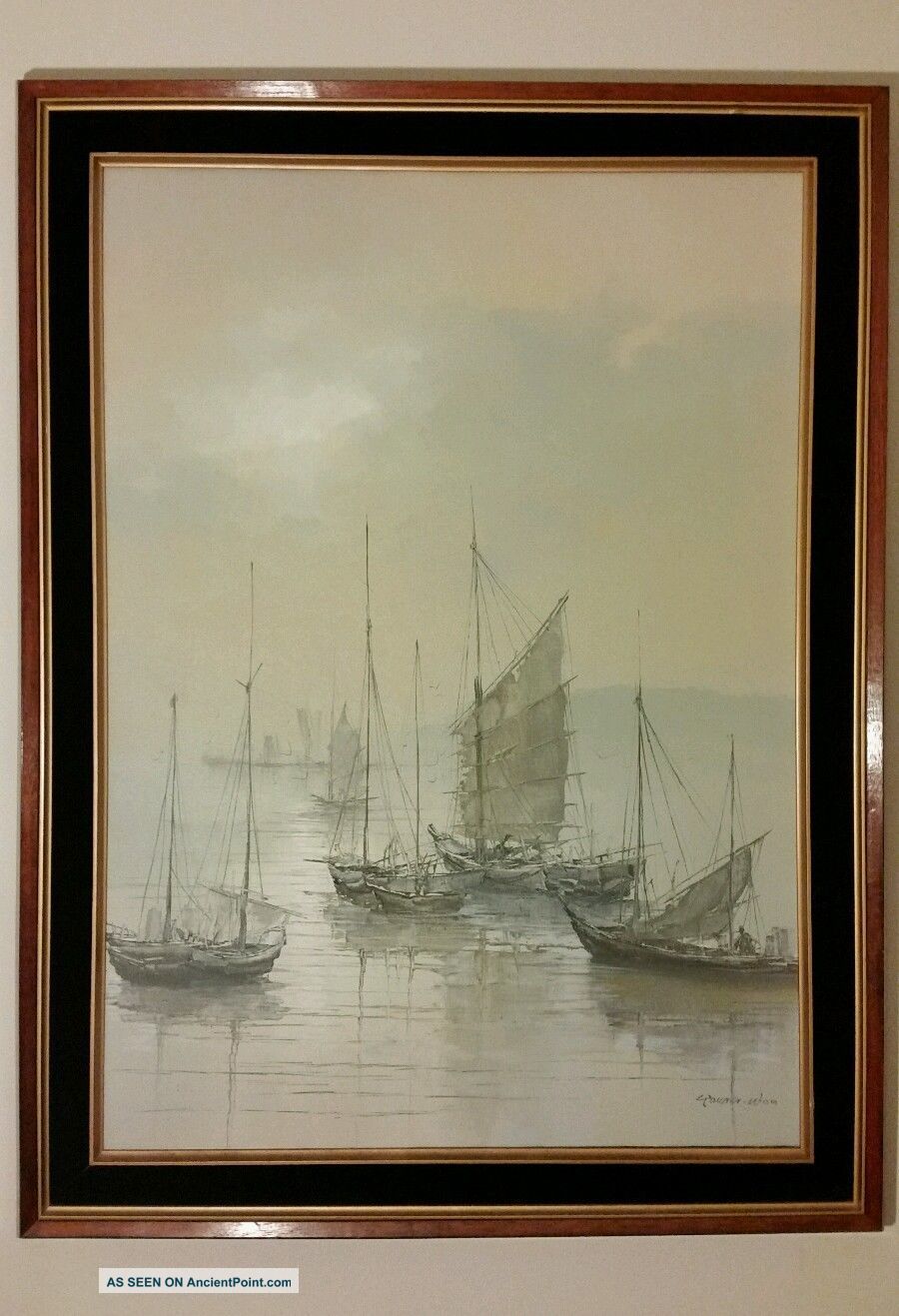 Young Woo.  Chinese Fishing Port Scene Very Large Oil On Canvas Painting Paintings & Scrolls photo