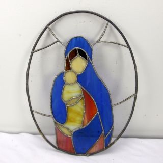 Vtg Leaded Stained Glass Window Mary Holding Baby Jesus Oval photo