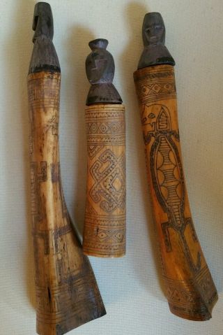 3 Tribal Betel Nut Habit Lime Containers Hand Etched Bone Wood Kalimantan A3 photo