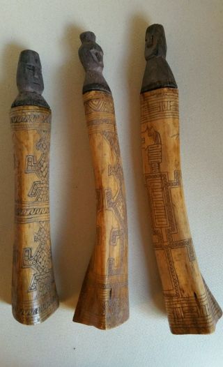 3 Tribal Betel Nut Habit Lime Containers Hand Etched Bone Wood Kalimantan A2 photo