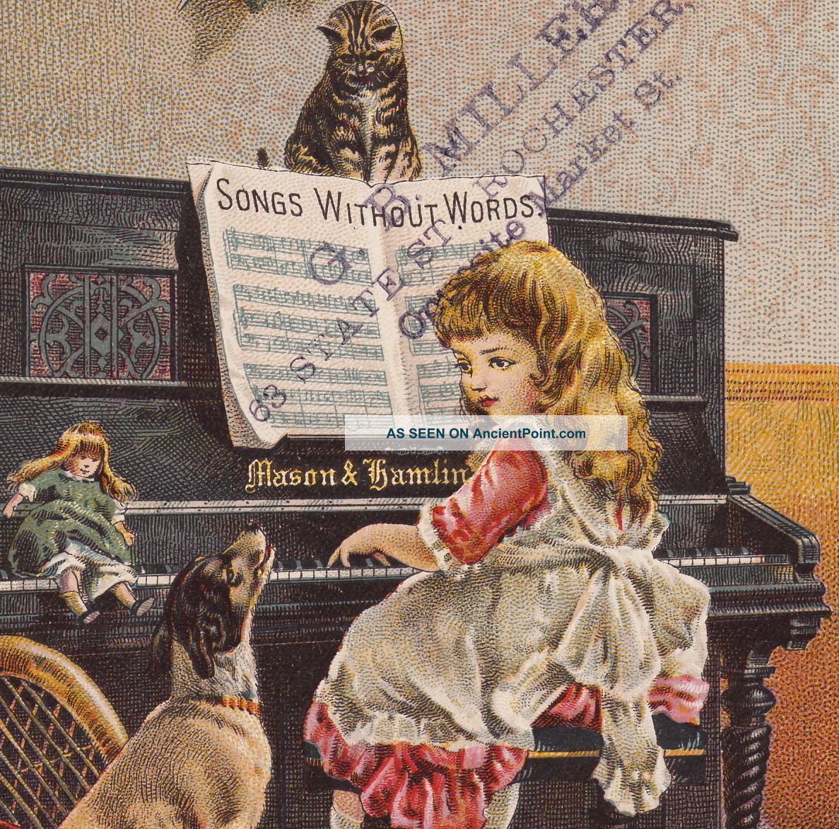 Mason & Hamlin Piano Organ Music Cat Dog Doll Victorian Advertising Trade Card Keyboard photo