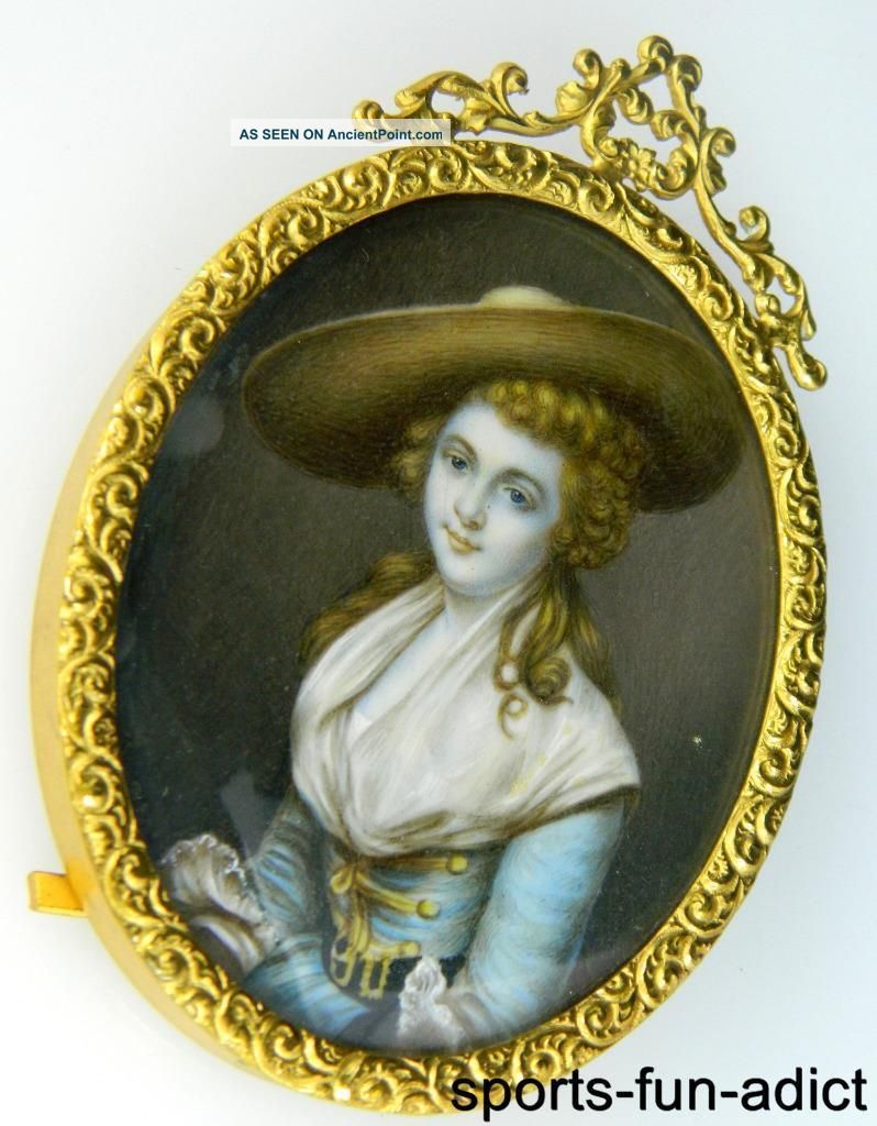 Antique 19th Century Hand Painted Gilt Metal Frame Portrait Of Woman Other Antique Decorative Arts photo
