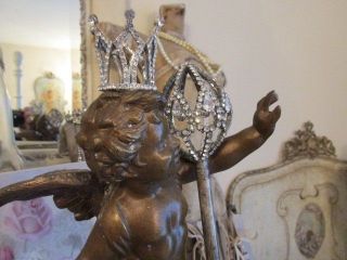 The Best Old Vintage French Metal Statue Cherub Angel With Wings On Base photo