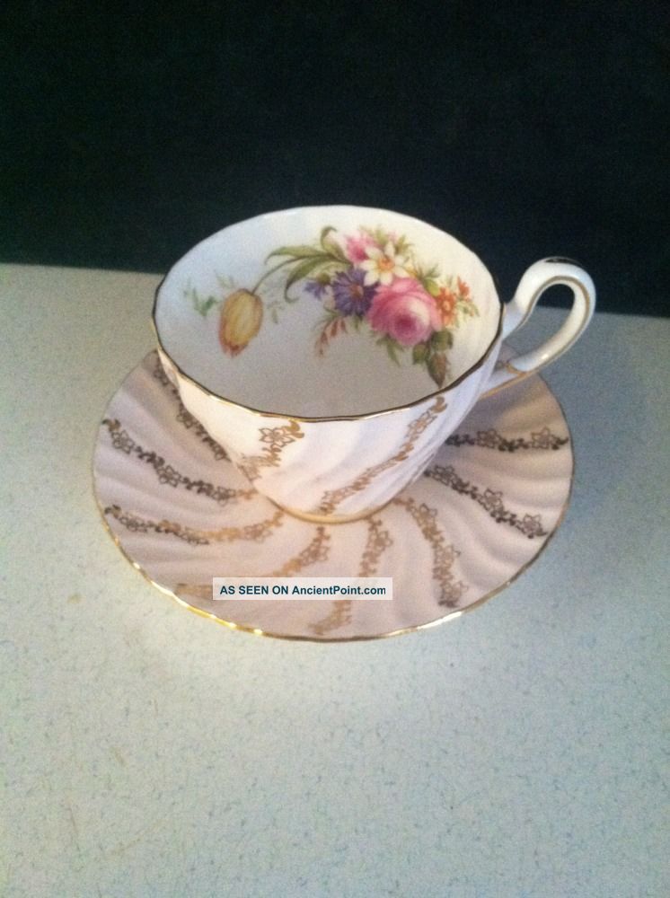 1850 Eb Foley Bone China Cup & Saucer Rose White Gold Floral Trim 3236 England Cups & Saucers photo