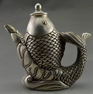 Collectible Decorated Old Handwork Tibet Silver Carved Big Fish Tea Pot Gd9979 photo