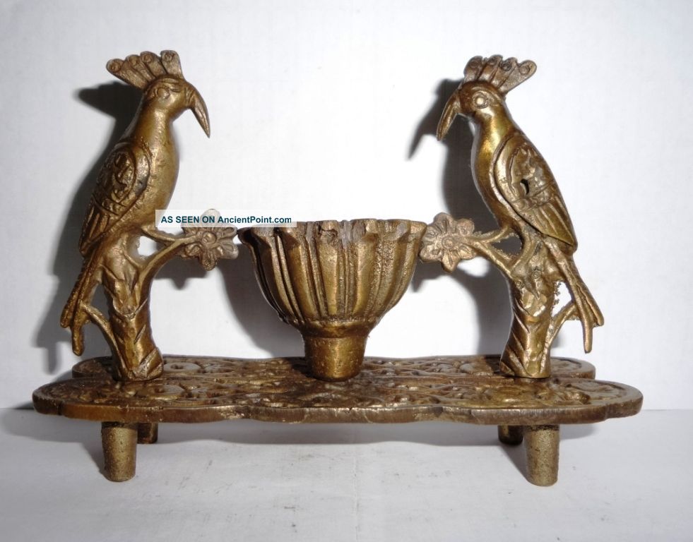 Brass Inlay Hand Carved Two Parrot Oil Lamp,  Ashtray Multipurpose Item India photo