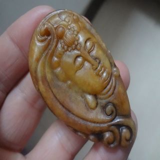 China Antique 100 Natural Old Jade Pendant,  Hand Carved Amulet Lucky Guanyin photo