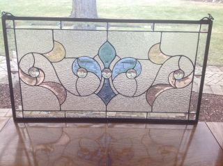Stained Glass,  Beveled,  Jeweled Panel,  Vintage,  15 In By 28 In photo