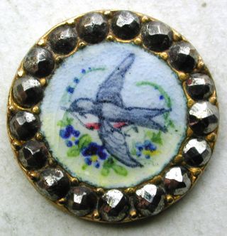 Antique French Enamel Button Blue Bird Pictorial W/ Cut Steel Border - 5/8 
