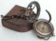 Brass Solid Push Button Neckless Sundial Compass With Leather Box,  Vintage Compasses photo 4