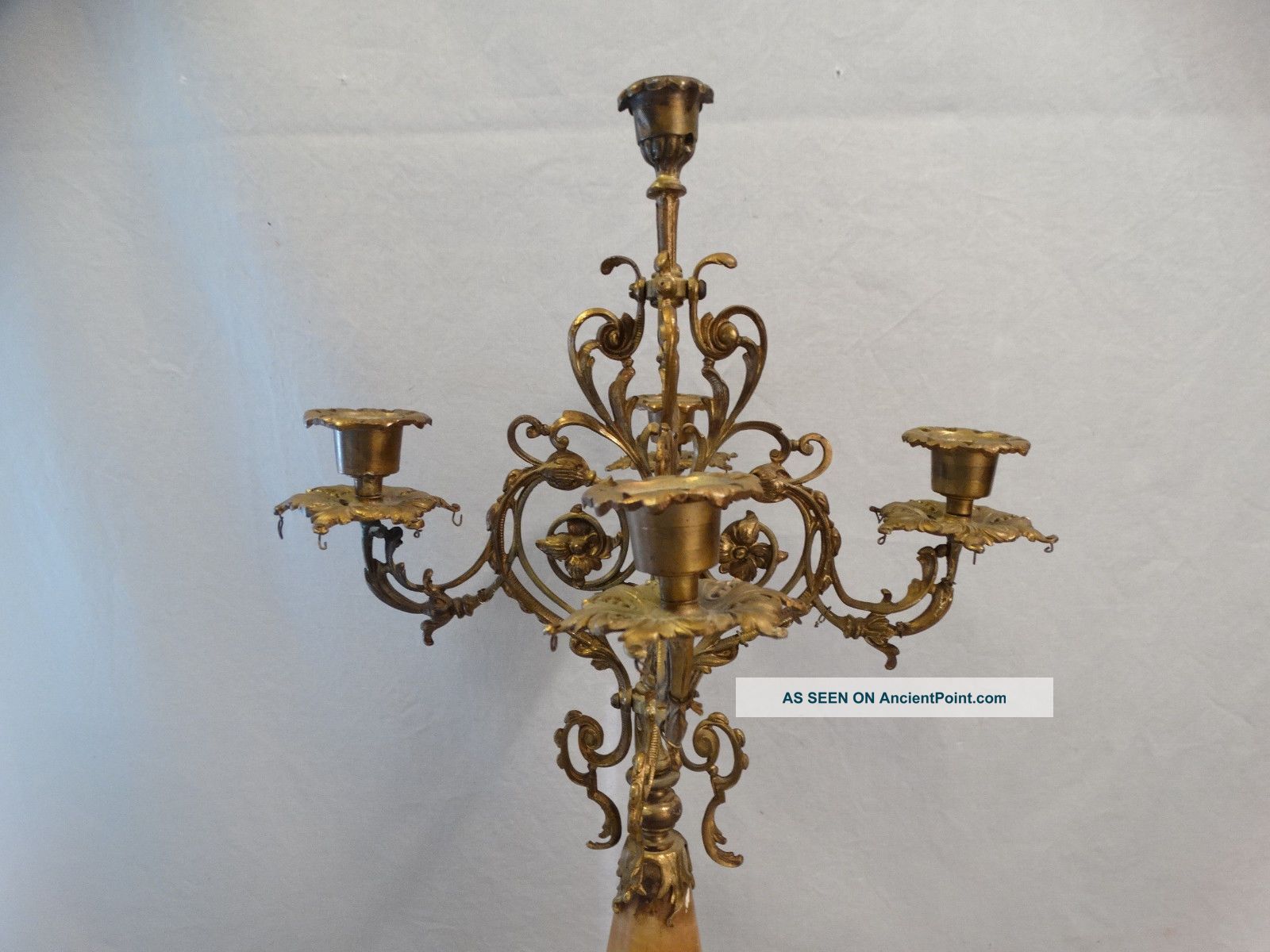 Antique Art Nouveau Floral Onyx & Brass Ormolu Flower Candlestick Old Candelabra Metalware photo