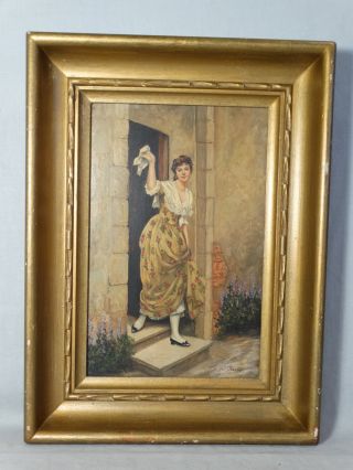 19thc Antique Victorian Era Lady In Doorway Old Outdoor Portrait Oil Painting photo