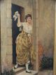 19thc Antique Victorian Era Lady In Doorway Old Outdoor Portrait Oil Painting Victorian photo 4