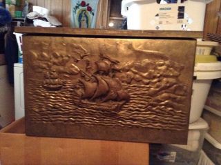 Antique Embossed Hammered Brass Trunk/chest - England photo
