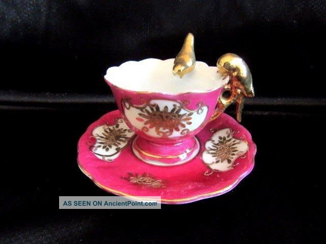 Fairyland Japan Mini Twin Parrot Bird Handle Hand Painted Footed Cup And Saucer Cups & Saucers photo