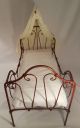 Antique - Doll - Folding - Wrought Iron Scroll Work Bed W/canopy - Red Paint C.  1890 - 1910 Other Antique Furniture photo 6
