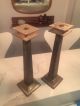 Pair Vintage Arts And Crafts Nouveau Deco Tall Silver Metal Candle Stand Holders Arts & Crafts Movement photo 2